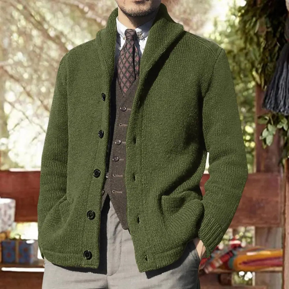 Men's Knit Cardigan With Shawl Collar Button Closure And Pockets For Classic Comfort