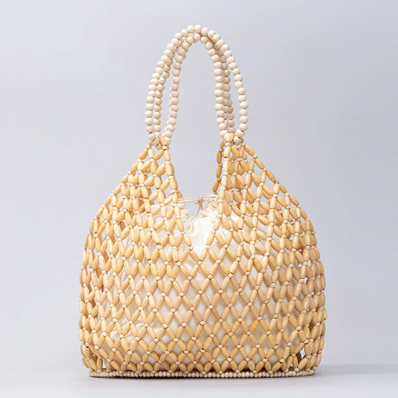 TrendAura Ava Woven Handbag Handcrafted Natural Wooden Bead Pattern For Summer Style