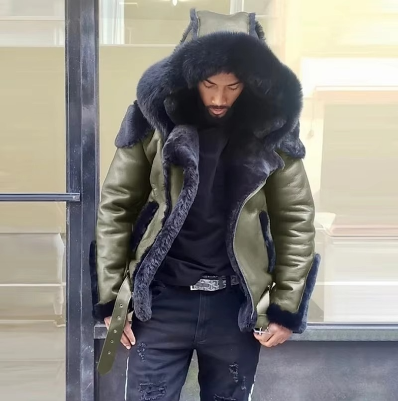TrendAura Mens Winter Leather Jacket With Fur Collar And Wool Lining Heavyweight Warm Outerwear For Cold Weather