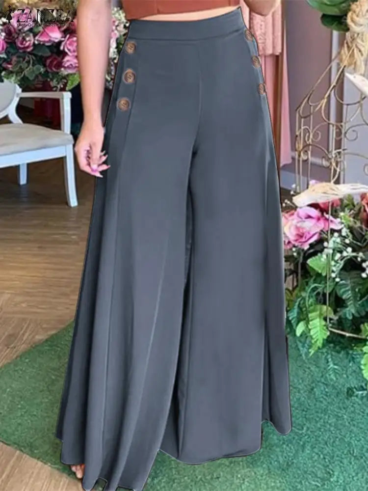 Women's Palazzo Pants - High-Waisted - Loose Fit - Elegant Button Detail