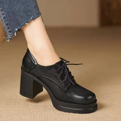 Women's Lace-Up Oxfords with Block Heel and Platform Design