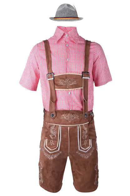 Men's Lederhosen Set Suede Like Embroidered Shorts Shirt And Hat Included Bavarian Oktoberfest Costume For Men