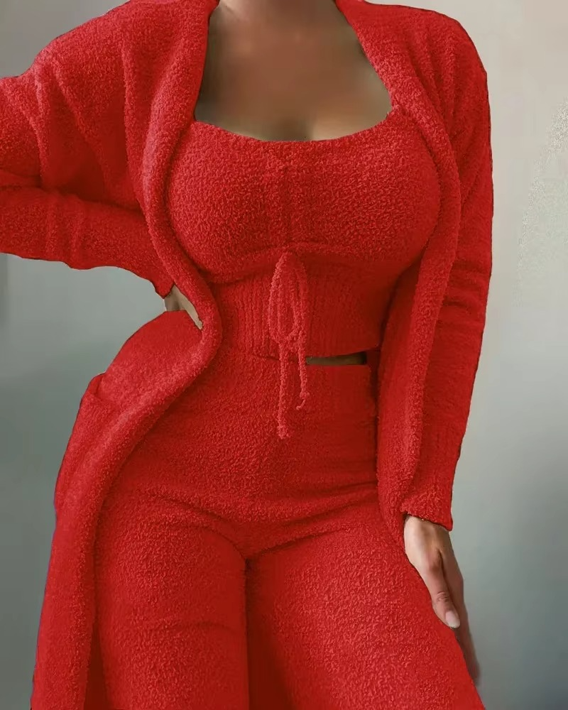 2025 Luxury Women’s Plush Pajama Set 3‑Piece Cozy Crop Top Long Pants and Coat