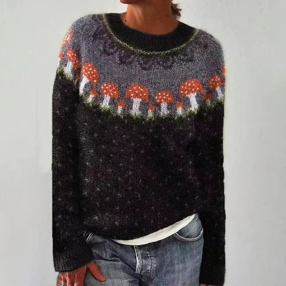 Color Block Loose Fit Women’s Knitwear Top with Round Neck and Full Sleeves