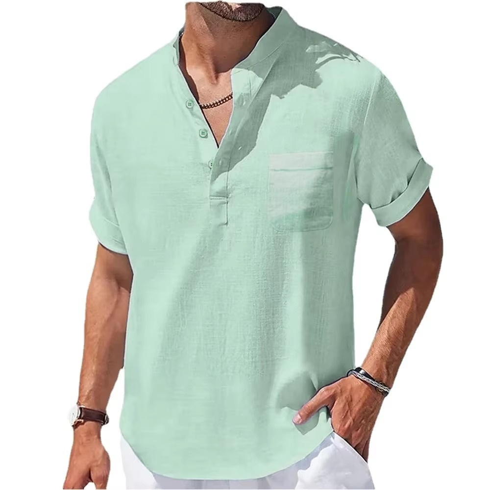 Men's Summer Cotton Linen Henley Shirt Short Sleeve Casual Breathable Navy Top Lightweight