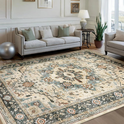 Traditional PersianPattern Carpet DecorationElegant Classic Style Floor Mat Blue and White Geometric Flower LivingRoom Floor Mat