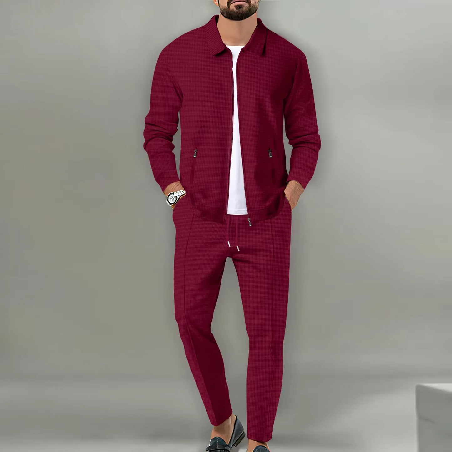 TrendAura Mens Two Piece Long Sleeve Polo Jacket Shirt With Matching Drawstring Pants Set For Everyday Comfort