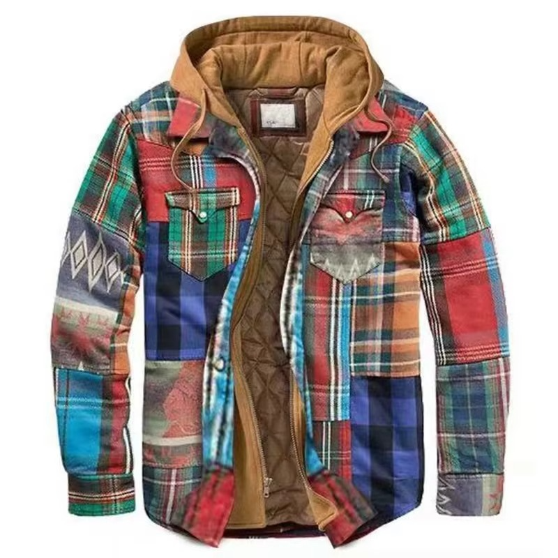 TrendAura Mens Patchwork Checkered Cotton Hooded Jacket Thick Warm Casual Coat American Flag Design Sizes S To 5XL