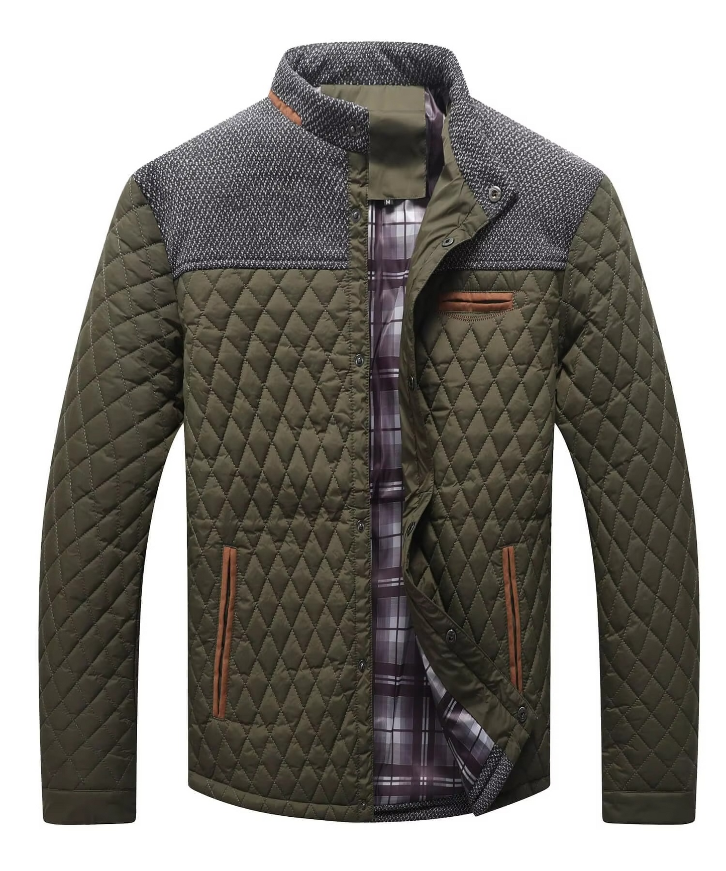 TrendAura Men's Diamond Quilted Lightweight Bomber Jacket Overshirt With Contrast Grey Yoke And Pockets