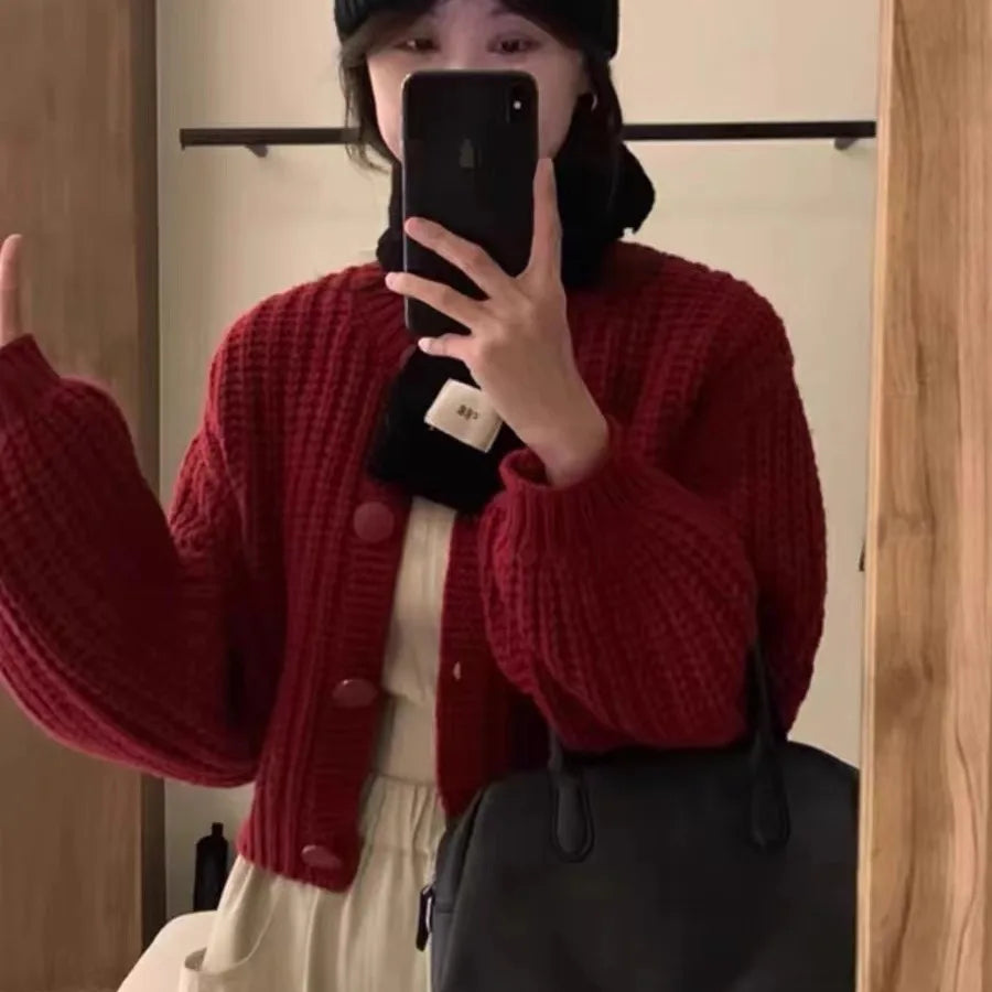 Women’s Cardigan – Wool Knit – Loose Fit – Cropped Length – Balloon Sleeve – Button Front