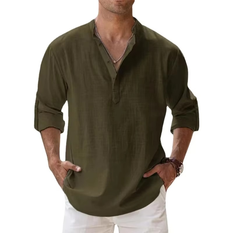 TrendAura Lightweight Cotton Linen Henley Shirt For Men Long Sleeve Beachwear Casual Summer Essential