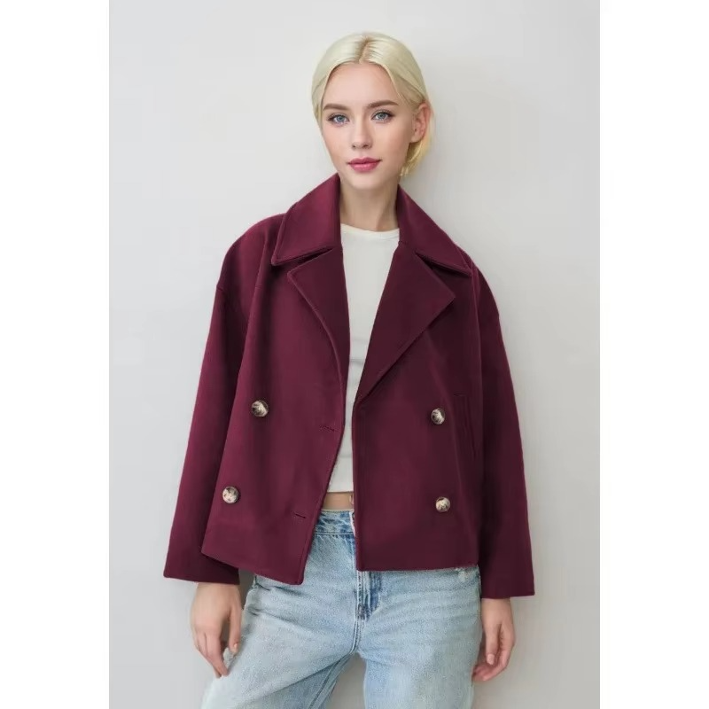 Women's Autumn Short Wool Blend Coat with Double Button Front and Turn-Down Collar