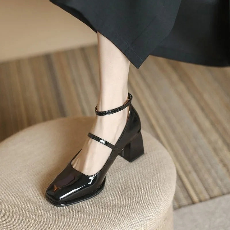 Women's Ankle Strap Block Heel Shoes with Square Toe and Stable Base