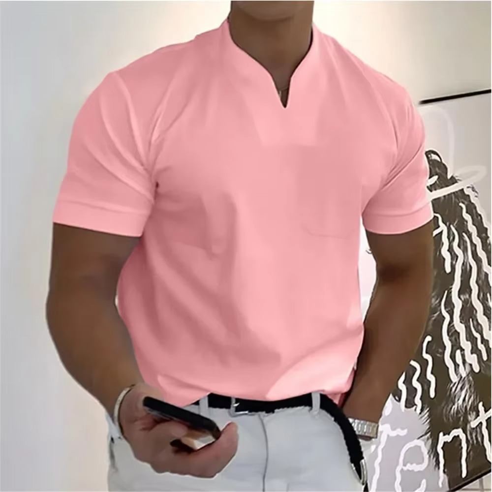 Men's Summer V Neck Short Sleeve T Shirt Elastic Cotton Athletic And Casual Fit Breathable