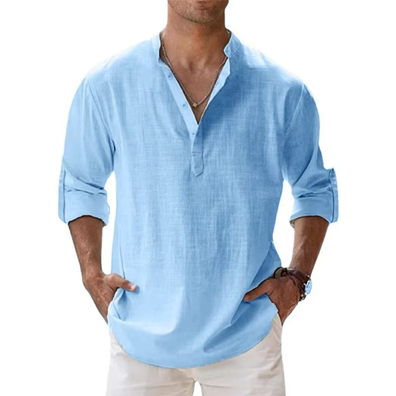 TrendAura Lightweight Cotton Linen Henley Shirt For Men Long Sleeve Beachwear Casual Summer Essential