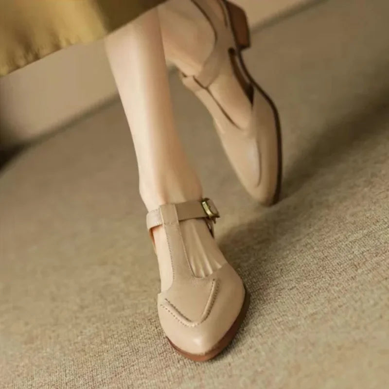 Women's T-Strap Buckle Shoes with Pointed Toe and Low Heel