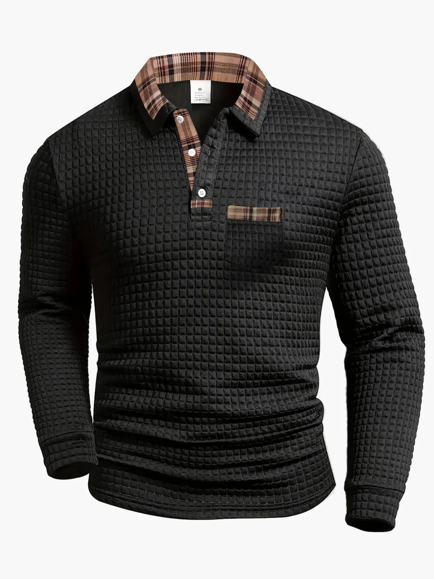 Premium Men's Long Sleeve Polo Shirt With Check Details And Waffle Pattern For Everyday And Office