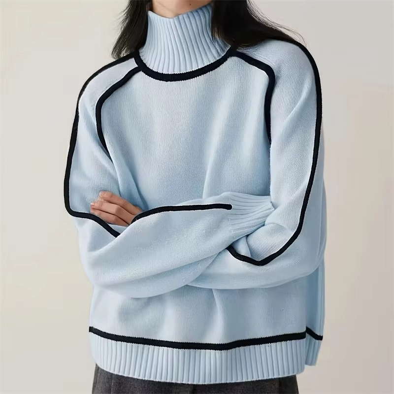 Women’s Striped Turtleneck Knit Sweater – Loose Fit Long Sleeve Pullover