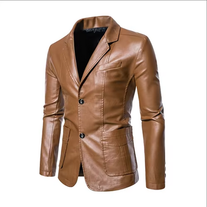 TrendAura Men's Business Casual Leather Jacket With Suit Collar Slim Fit In Black Or Khaki, Sizes Up To 5XL