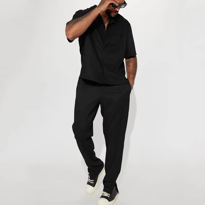 Mens Solid Two Piece Casual Streetwear Set Short Sleeve Lapel Shirt With Matching Pants