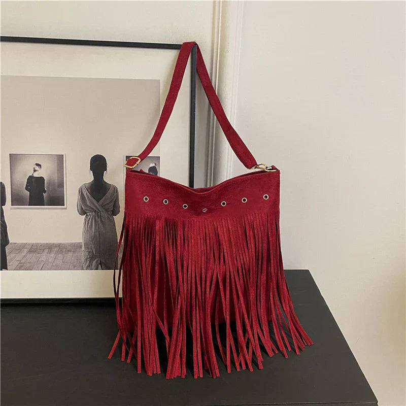 TrendAura Maria Fringe Shoulder Bag - Boho Faux Suede With Eyelet Detailing And Long Fringe