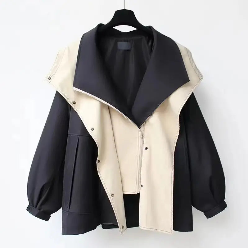 Everly Layered Panel Windbreaker Two Tone With Oversized Lapel Collar And Snap Button Front Relaxed Fit