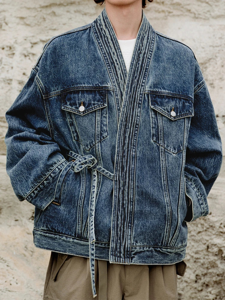Bravadao Heavyweight Washed Denim Jacket With Wrap Front And Lace Up Waist For Men TrendAura
