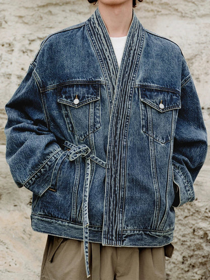 Bravadao Heavyweight Washed Denim Jacket With Wrap Front And Lace Up Waist For Men TrendAura
