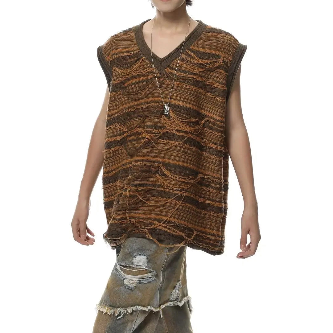 Purple Frayed Knit Vest With Distressed Detailing V Neck Sleeveless Menswear Inspired Coachella Style