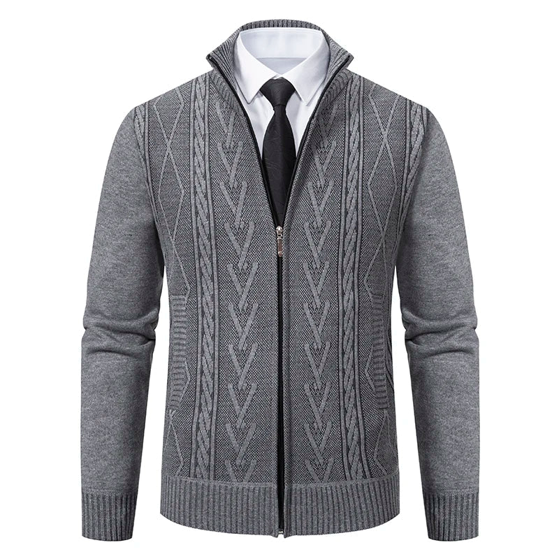 Men's Cardigan Sweater Slim Fit Wool Knit Full Zip Cable Knit Stand Collar Layering Essential