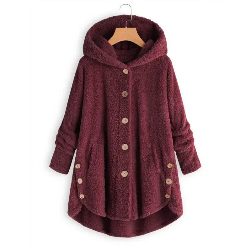 Women’s Fleece Jacket – Relaxed Fit – Hooded – Button Front – Plush Texture – Pockets