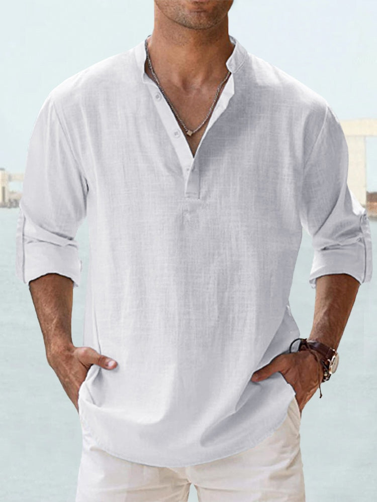 Men's Relaxed Fit Grandad Collar Shirt With Long Sleeves In Sustainable Lightweight Fabric