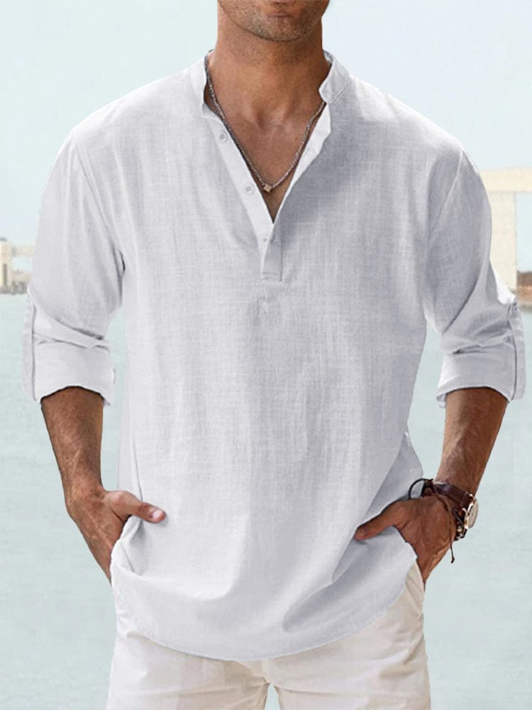Max Linen Cotton Mao Collar Shirt For Men With Long Sleeves And Front Button Placket Versatile Office And Casual Wear