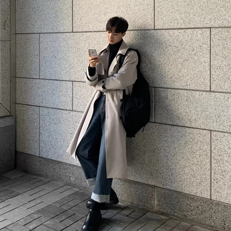 Mens Long Spring Trench Coat Modern Korean Style Windbreaker Overcoat For Everyday Wear TrendAura