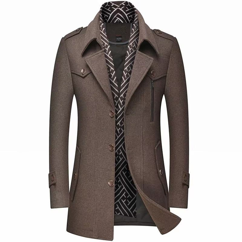 TrendAura Men's Mid Length Wool Blend Winter Coat With Scarf Collar Padded Warm Overcoat M to 5XL