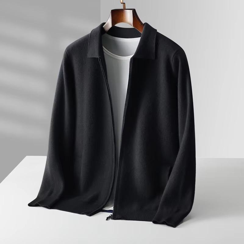 TrendAura Men's 100 Percent Wool Cardigan Sweater With Classic Knit Lapel Design For Timeless Warmth