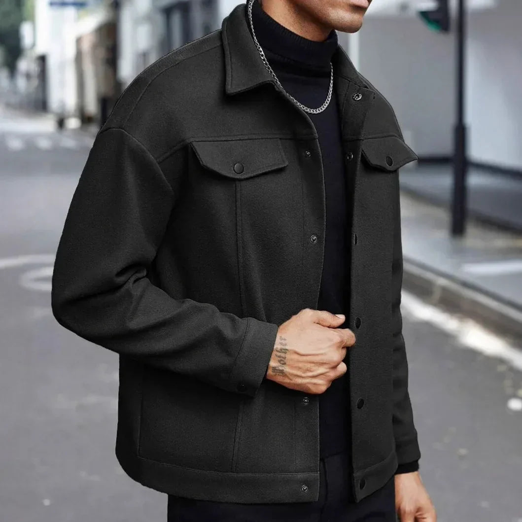 Liam Wool Blend Jacket For Men Classic Warmth Meets Modern Style Stand Collar Chest Flap Pockets Tailored Fit
