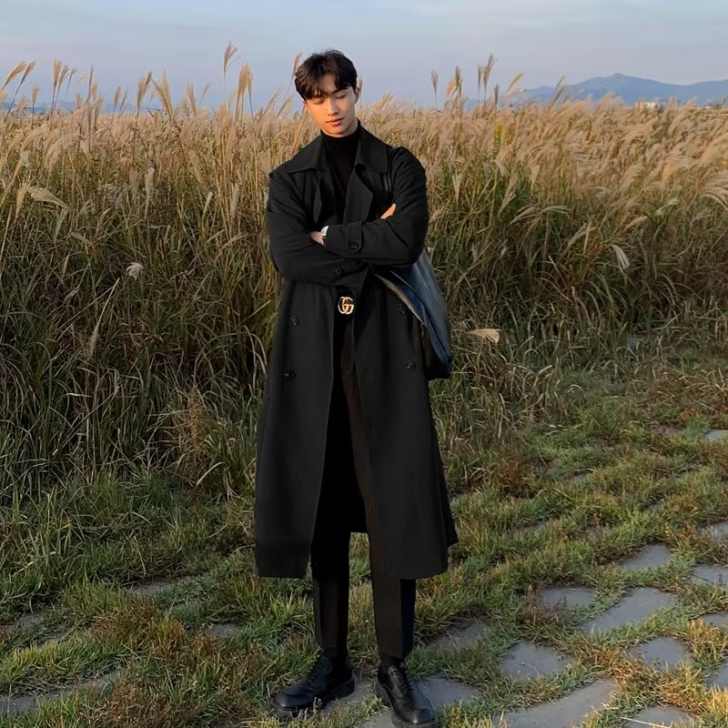 Mens Long Spring Trench Coat Modern Korean Style Windbreaker Overcoat For Everyday Wear TrendAura