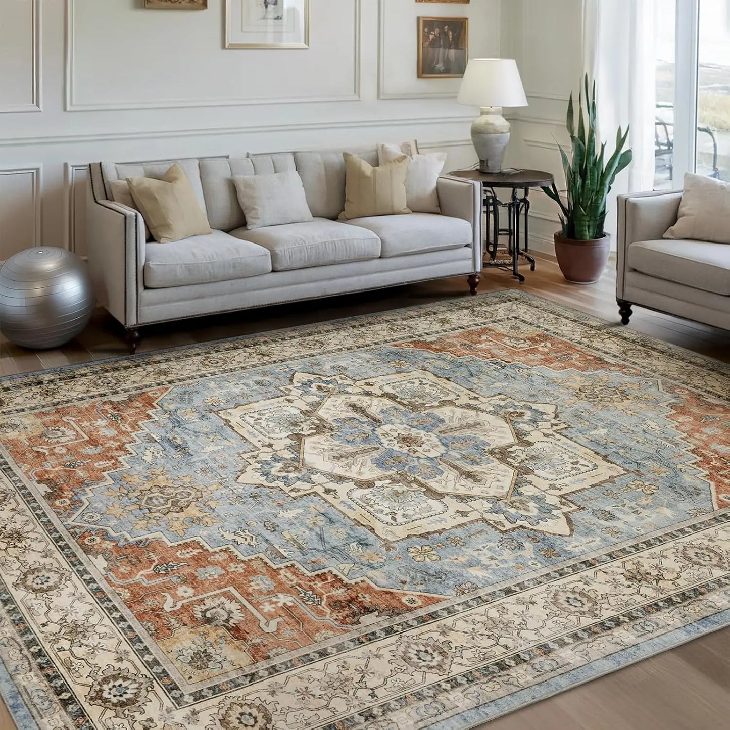 Traditional PersianPattern Carpet DecorationElegant Classic Style Floor Mat Blue and White Geometric Flower LivingRoom Floor Mat