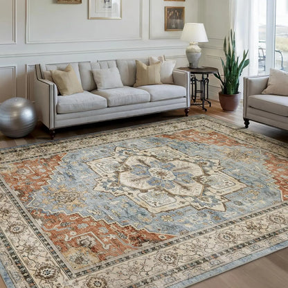 Traditional PersianPattern Carpet DecorationElegant Classic Style Floor Mat Blue and White Geometric Flower LivingRoom Floor Mat