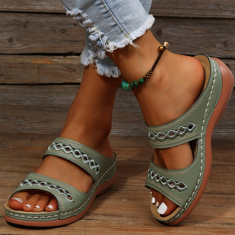 Orthopedic Sandals With Embroidered Double Straps For All Day Foot Support Women Olive Green