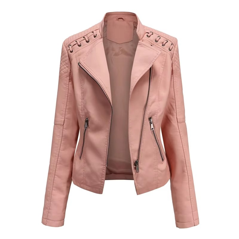 Women's PU Leather Motorcycle Jacket – Short Slim Fit, Zipper-Up, 12 Colors