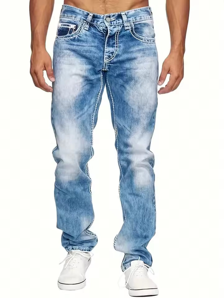 Men's Straight Leg Jeans in Black Denim with White Contrast Stitching Full Length
