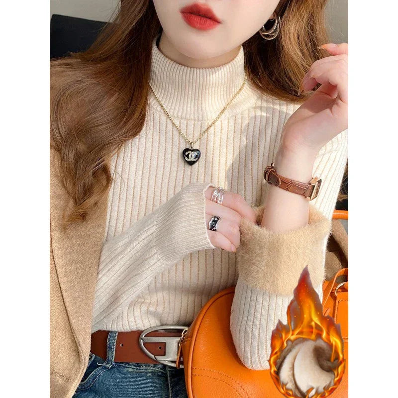 Women’s Turtleneck Sweater – Slim Fit – Ribbed Knit – Velvety Cuff Long Sleeve