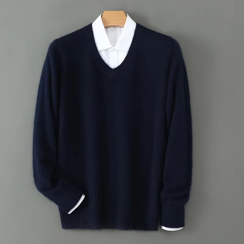 TrendAura Men's Winter Cashmere Blend V Neck Sweater Loose Fit Plus Size Knitted Pullover For Warmth