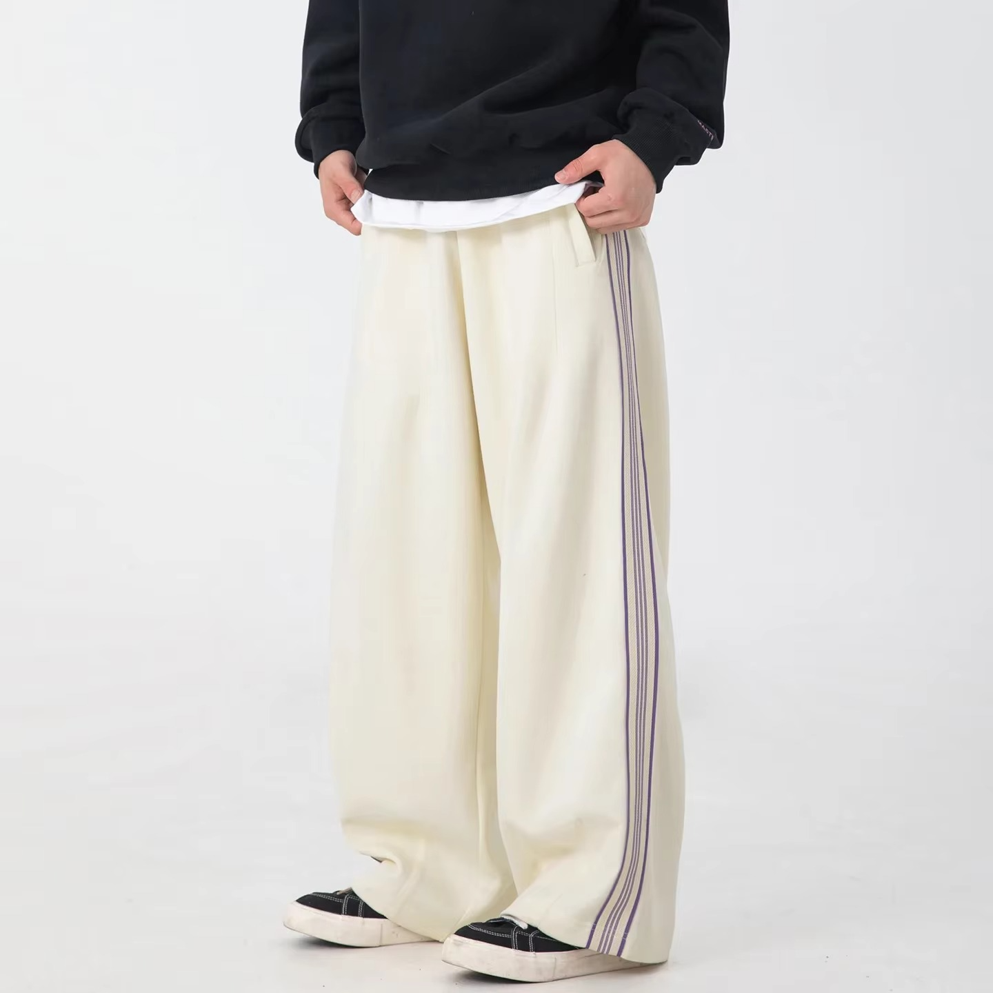 Mens Autumn Winter Stitch Design Sweatpants Loose Fit Elastic Waist Side Stripe Athletic Pants TrendAura