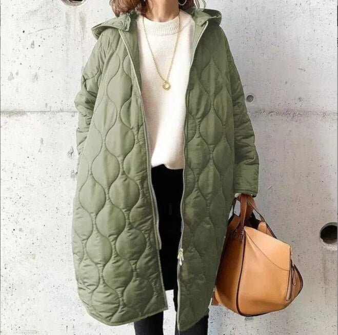 Women’s Parka Coat – Quilted Texture – Oversized Fit – Hooded Knee-Length Design