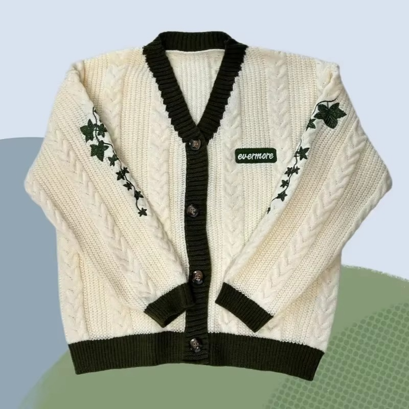 Autumn Red Maple Leaf Embroidered Knit Cardigan for Women
