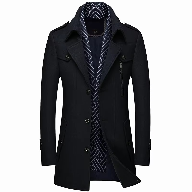 TrendAura Men's Mid Length Wool Blend Winter Coat With Scarf Collar Padded Warm Overcoat M to 5XL