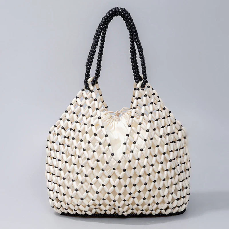 TrendAura Ava Woven Handbag Handcrafted Natural Wooden Bead Pattern For Summer Style